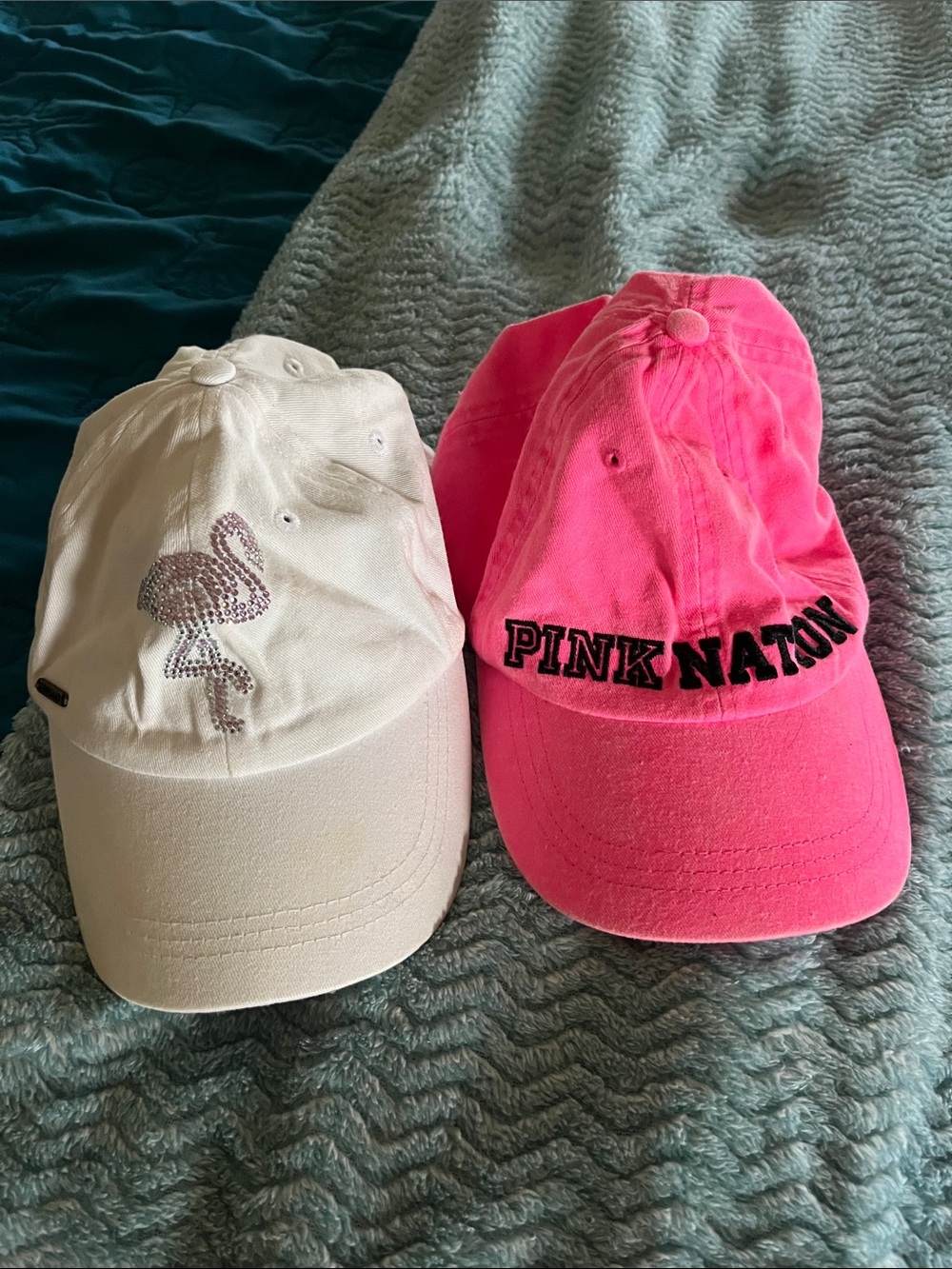 2 hats pink nation hot pink and sun n sand white with embellished flamingo 🦩